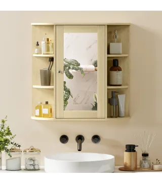 Armario de Baño con Espejo Armario de Pared con Estantes Abiertos 66x17x63 cm Natural