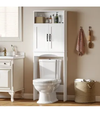 Armario sobre Inodoro Mueble de Baño con 2 Puertas de Cierre Silencioso Estante Abierto 64x21x173,5 cm Blanco