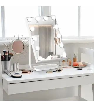 Espejo de Maquillaje con Luz Espejo Hollywood de Mesa con 12 LED 3 Modos y Luz Ajustable Pantalla Táctil y Función de Memoria pa