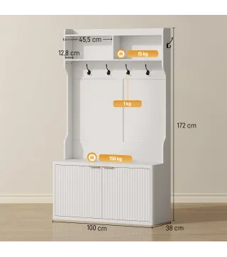 Perchero Zapatero 4 en 1 Perchero Moderno con Estante Abierto para Pasillo Entrada Dormitorio 100x38x172 cm Blanco