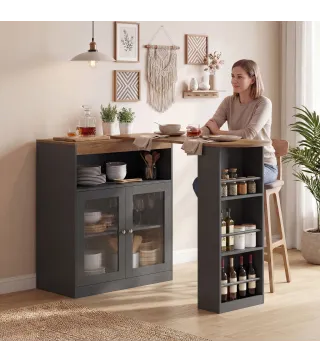 Mesa de Bar Extensible y Giratoria 90° con Estantes Abiertos y 2 Puertas de Vidrio 150x80x105,5 cm Negro y Natural