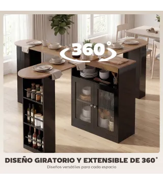 Mesa de Bar Extensible y Giratoria 90° con Estantes Abiertos y 2 Puertas de Vidrio 150x80x105,5 cm Negro y Natural