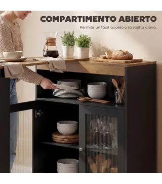 Mesa de Bar Extensible y Giratoria 90° con Estantes Abiertos y 2 Puertas de Vidrio 150x80x105,5 cm Negro y Natural