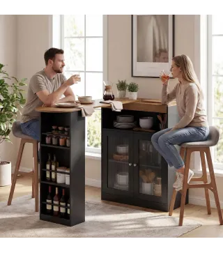 Mesa de Bar Extensible y Giratoria 90° con Estantes Abiertos y 2 Puertas de Vidrio 150x80x105,5 cm Negro y Natural