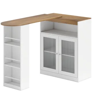 Mesa de Bar Extensible y Giratoria 90° con Estantes Abiertos y 2 Puertas de Vidrio 150x80x105,5 cm Blanco y Natural