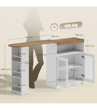 Mesa de Bar Extensible y Giratoria 90° con Estantes Abiertos y 2 Puertas de Vidrio 150x80x105,5 cm Blanco y Natural