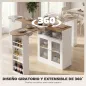 Mesa de Bar Extensible y Giratoria 90° con Estantes Abiertos y 2 Puertas de Vidrio 150x80x105,5 cm Blanco y Natural