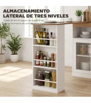 Mesa de Bar Extensible y Giratoria 90° con Estantes Abiertos y 2 Puertas de Vidrio 150x80x105,5 cm Blanco y Natural