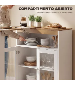 Mesa de Bar Extensible y Giratoria 90° con Estantes Abiertos y 2 Puertas de Vidrio 150x80x105,5 cm Blanco y Natural