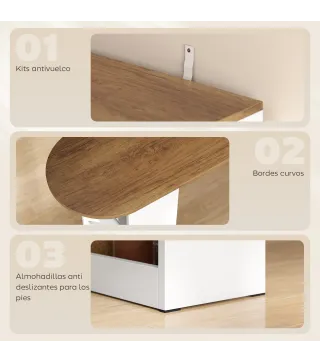 Mesa de Bar Extensible y Giratoria 90° con Estantes Abiertos y 2 Puertas de Vidrio 150x80x105,5 cm Blanco y Natural