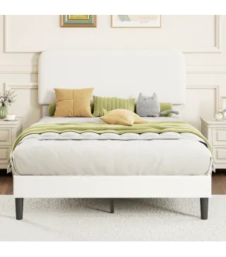 Estructura de Cama Doble con Cabecero Ajustable en Altura Tapizada en Borreguito Listones de Soporte Blanco
