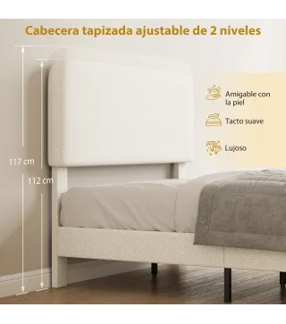 Estructura de Cama Doble con Cabecero Ajustable en Altura Tapizada en Borreguito Listones de Soporte Blanco