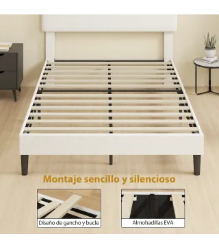 Estructura de Cama Doble con Cabecero Ajustable en Altura Tapizada en Borreguito Listones de Soporte Blanco