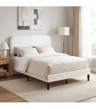 Estructura de Cama Doble con Cabecero Ajustable en Altura Tapizada en Borreguito Listones de Soporte Blanco