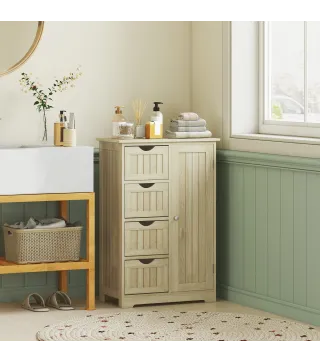 Armario de Baño Columna de Baño Estrecha con 4 Cajones y Estante Ajustable Estilo Moderno 56x30x83 cm Madera Natural