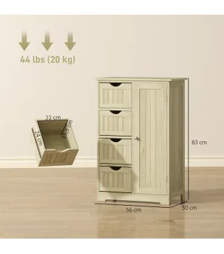 Armario de Baño Columna de Baño Estrecha con 4 Cajones y Estante Ajustable Estilo Moderno 56x30x83 cm Madera Natural