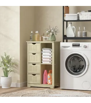 Armario de Baño Columna de Baño Estrecha con 4 Cajones y Estante Ajustable Estilo Moderno 56x30x83 cm Madera Natural