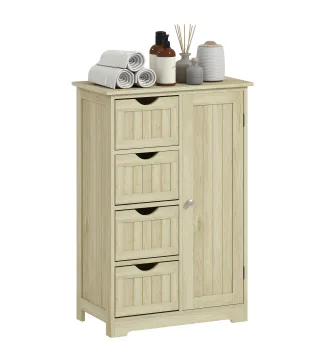 Armario de Baño Columna de Baño Estrecha con 4 Cajones y Estante Ajustable Estilo Moderno 56x30x83 cm Madera Natural