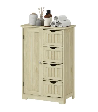 Armario de Baño Columna de Baño Estrecha con 4 Cajones y Estante Ajustable Estilo Moderno 56x30x83 cm Madera Natural