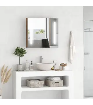 Armario con Espejo de Baño con Luz LED Mueble de Baño Colgante con Interruptor Táctil 70x15x65cm Marrón Rústico