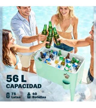Carro de Bebidas Refrigerado 56L con Ruedas Abrebotellas Recogetapas y Asa para Patio Fiesta 75x35x78 cm Verde Claro