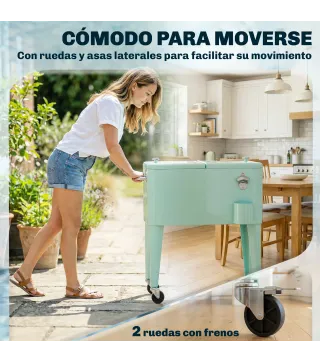 Carro de Bebidas Refrigerado 56L con Ruedas Abrebotellas Recogetapas y Asa para Patio Fiesta 75x35x78 cm Verde Claro