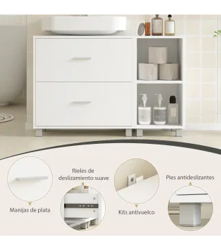 Mueble Bajo Lavabo Mueble de Baño con 2 Cajones y 2 Estantes Abiertos para Lavabo con Pedestal 90x30x60 cm Blanco