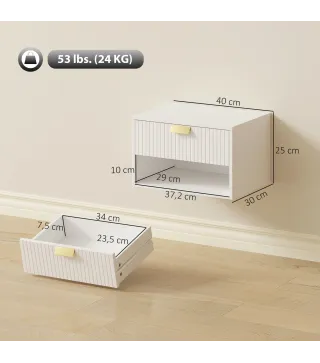 Juego de 2 Mesitas de Noche Flotantes con Cajón con Frente Ondulado y Estante Abierto Diseño Moderno 40x30x25 cm Blanco