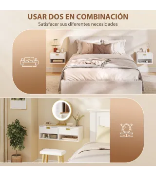 Juego de 2 Mesitas de Noche Flotantes con Cajón con Frente Ondulado y Estante Abierto Diseño Moderno 40x30x25 cm Blanco