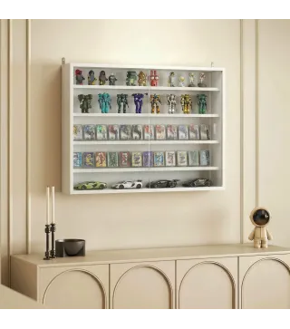 Vitrina de Pared de Madera con Estantes Ajustables y 2 Puertas Correderas de Cristal 80x9,5x60 cm Blanco