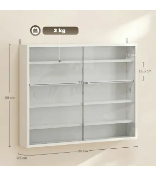 Vitrina de Pared de Madera con Estantes Ajustables y 2 Puertas Correderas de Cristal 80x9,5x60 cm Blanco