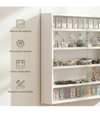 Vitrina de Pared de Madera con Estantes Ajustables y 2 Puertas Correderas de Cristal 80x9,5x60 cm Blanco