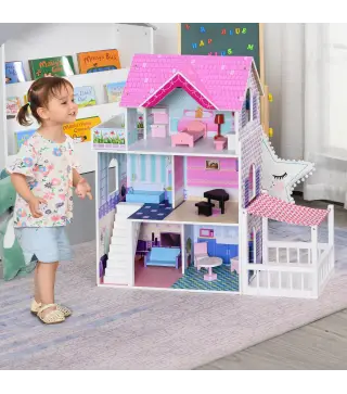 Casa de Muñecas de Madera de 3 Pisos con Patio 86x30x87 cm Muebles Accesorios de 13 Piezas Diseño Lindo Casita Muñecas de Juguet