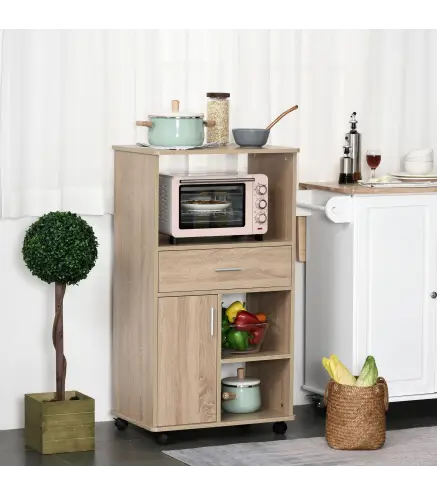 Carro de Cocina para Microondas Aparador de Almacenaje con 4 Ruedas y Frenos Cajón Estantes Abiertos Compartimento con Puerta 60