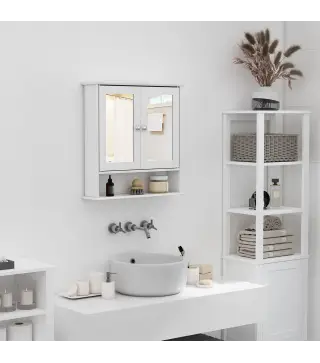 Armario de Baño con Espejo, Armario de Pared con 2 Puertas, Estante Abierto, Estante Ajustable, Mueble de Baño Colgar para Cocin