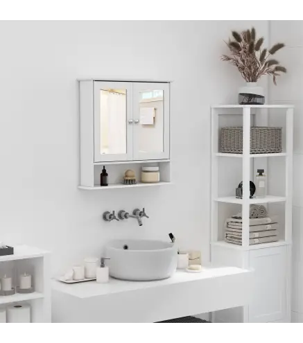 Armario de Baño con Espejo, Armario de Pared con 2 Puertas, Estante Abierto, Estante Ajustable, Mueble de Baño Colgar para Cocin