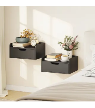 Set de 2 Mesitas de Noche de Pared Mesillas Flotantes con 1 Cajón para Dormitorio Habitación 40x30x19,5 cm Negro