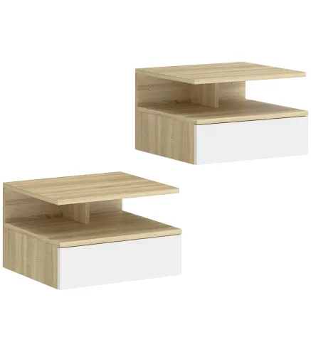 Juego de 2 Mesitas de Noche Flotantes con Cajón Montado en la Pared 35x32x22,5 cm Roble y Blanco