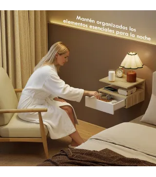 Juego de 2 Mesitas de Noche Flotantes con Cajón Montado en la Pared 35x32x22,5 cm Roble y Blanco