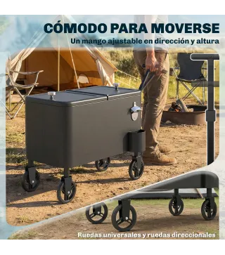Carrito Nevera de 56L con Ruedas Mango Ajustable Abrebotellas Recogetapas Drenaje y Asa 75x35x120 cm Negro
