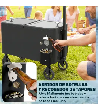 Carrito Nevera de 56L con Ruedas Mango Ajustable Abrebotellas Recogetapas Drenaje y Asa 75x35x120 cm Negro