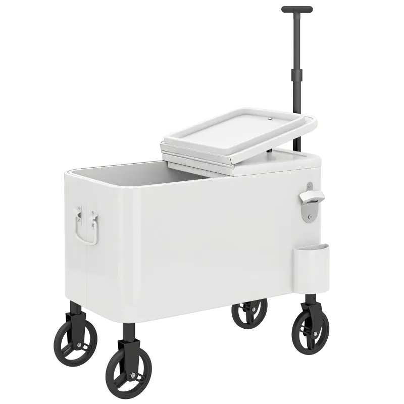 Carrito Nevera de 56L con Ruedas Mango Ajustable Abrebotellas Recogetapas Drenaje y Asa 75x35x120 cm Blanco