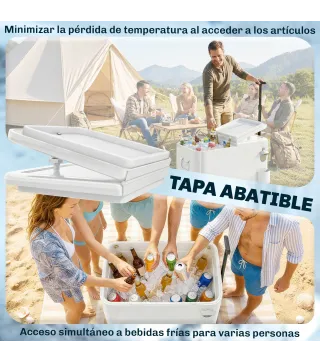 Carrito Nevera de 56L con Ruedas Mango Ajustable Abrebotellas Recogetapas Drenaje y Asa 75x35x120 cm Blanco