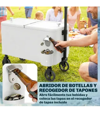 Carrito Nevera de 56L con Ruedas Mango Ajustable Abrebotellas Recogetapas Drenaje y Asa 75x35x120 cm Blanco