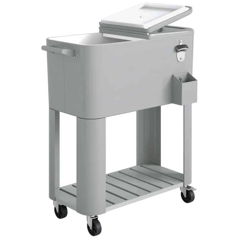 Carrito Nevera de 76L con Ruedas Estante Abrebotellas Recogetapas Drenaje y 2 Asas para Patio Fiesta 92x39x81 cm Plata