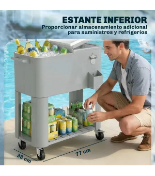 Carrito Nevera de 76L con Ruedas Estante Abrebotellas Recogetapas Drenaje y 2 Asas para Patio Fiesta 92x39x81 cm Plata