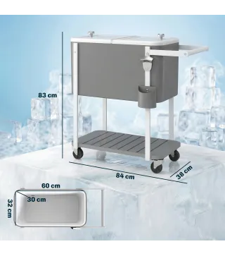 Carrito Nevera de 56L con Ruedas Estante Abrebotellas Recogetapas Drenaje y Asa para Patio Fiesta 84x38x83 cm Gris