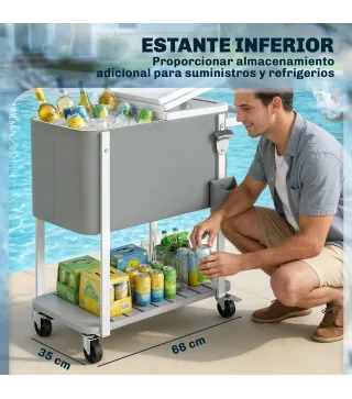 Carrito Nevera de 56L con Ruedas Estante Abrebotellas Recogetapas Drenaje y Asa para Patio Fiesta 84x38x83 cm Gris