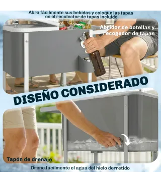 Carrito Nevera de 56L con Ruedas Estante Abrebotellas Recogetapas Drenaje y Asa para Patio Fiesta 84x38x83 cm Gris