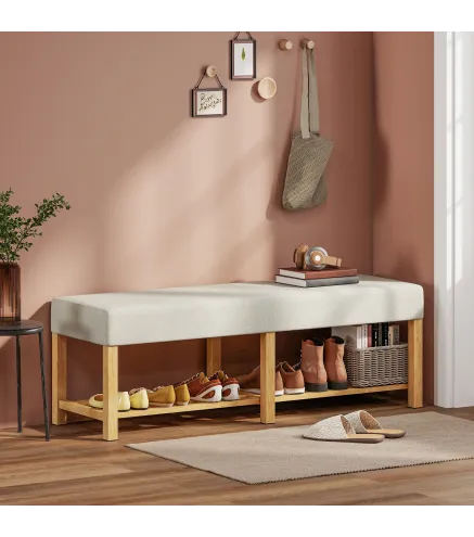 Banco Zapatero con Asiento Acolchado 2 Personas Estante Abierto Marco de Madera 140x44x48 cm Crema y Madera Natural